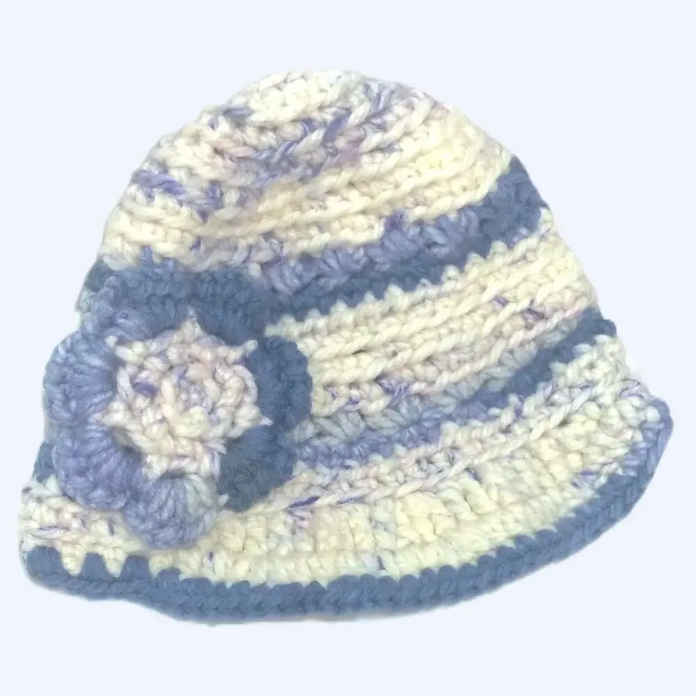 Crochet Newsboy Beanie Brim Handmade Hat Warm Blue Cream Colors Flower Cozy New